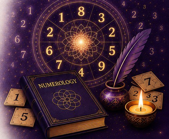 Numerology wheel of numbers with book, feather and candle